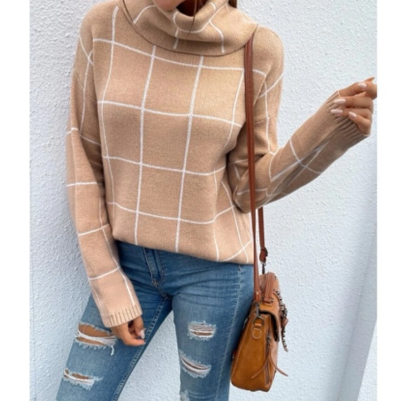 Boho Cozy Stripes Turtleneck Knit Sweater Top Apricot - Picture 6 of 6